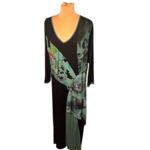 Parsley & Sage 3/4 Sleeve Asymmetrical Hem Patchwork Dress Multicolor Teal Small